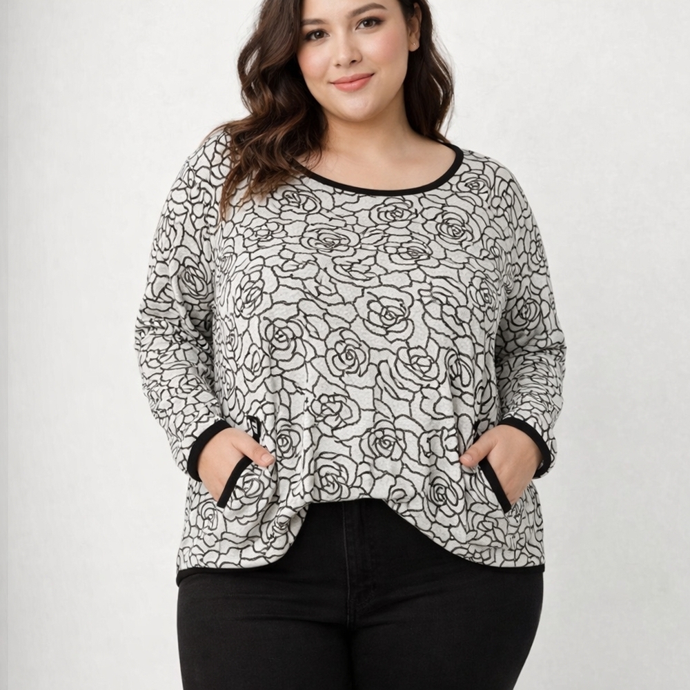 Black White Floral Top XL Pockets Long Sleeve Casual Chic - Picture 3 of 11
